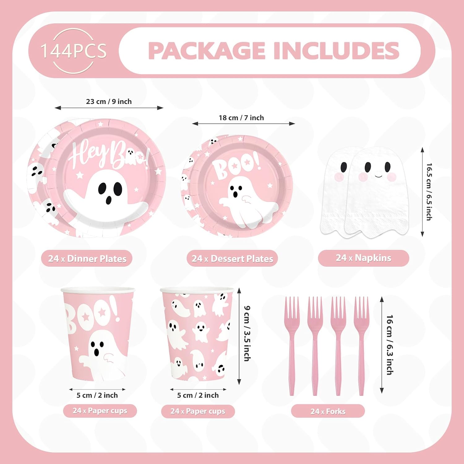144Pcs Pink Ghost Halloween Tableware Set Serves 24 - Grencian
