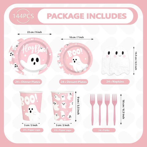 144Pcs Pink Ghost Halloween Tableware Set Serves 24 - Grencian
