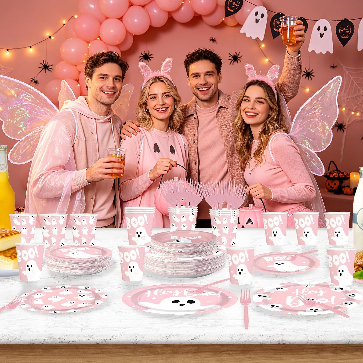 144Pcs Pink Ghost Halloween Tableware Set Serves 24 - Grencian