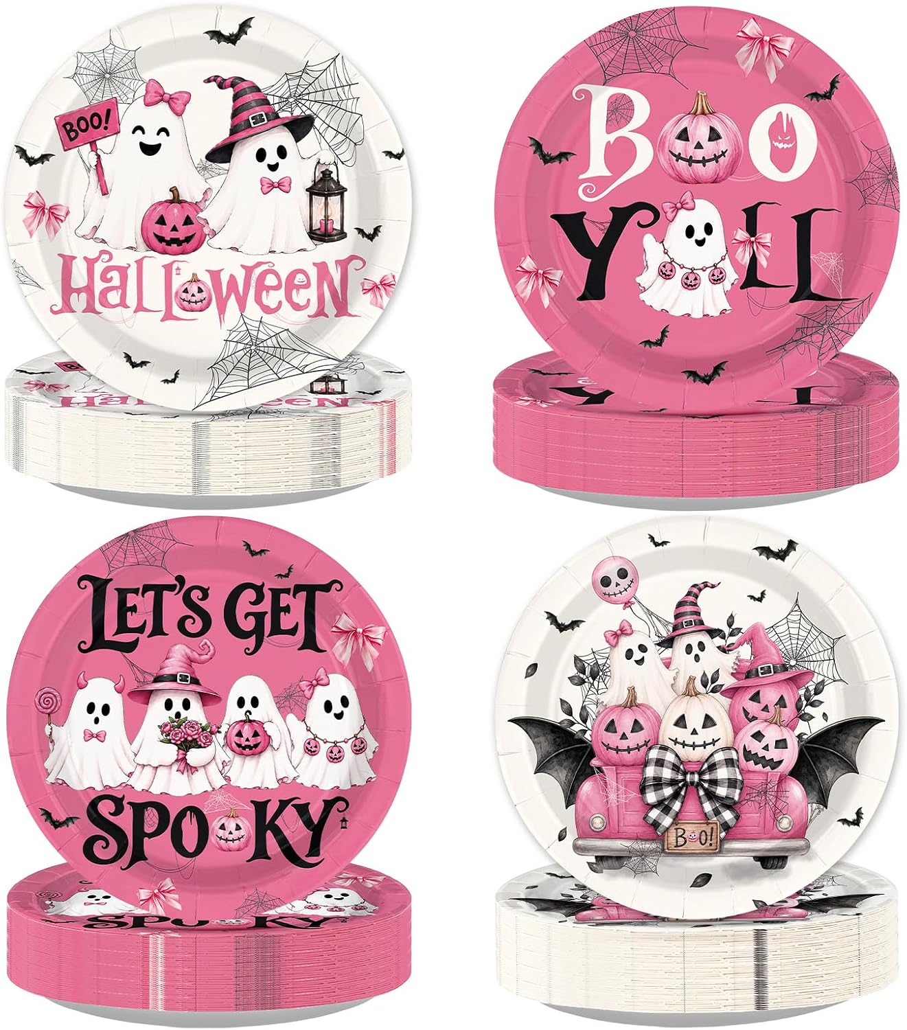 Grencian 60Pcs pink Halloween paper plates 9 inch with four designs