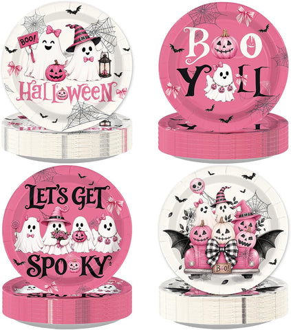 Grencian 60Pcs pink Halloween paper plates 9 inch with four designs