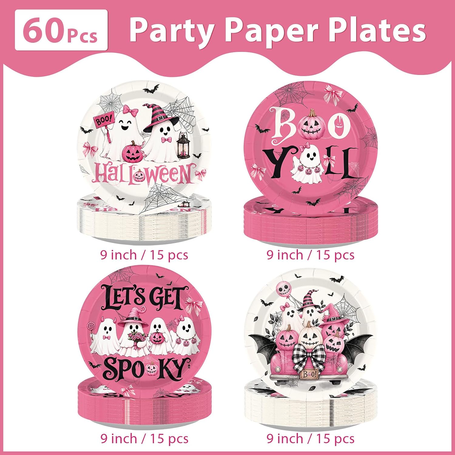 Boo Y'All and Let's Get Spooky plates from the pink Halloween set