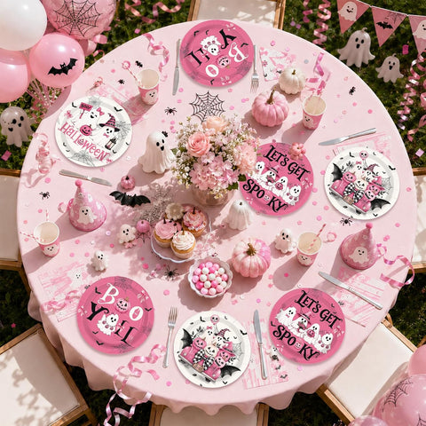 Pink Halloween party table styled with the 60 paper plates