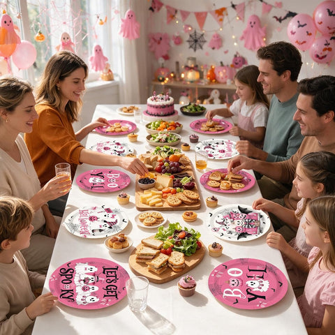 Pink ghost and pumpkin plates holding party food