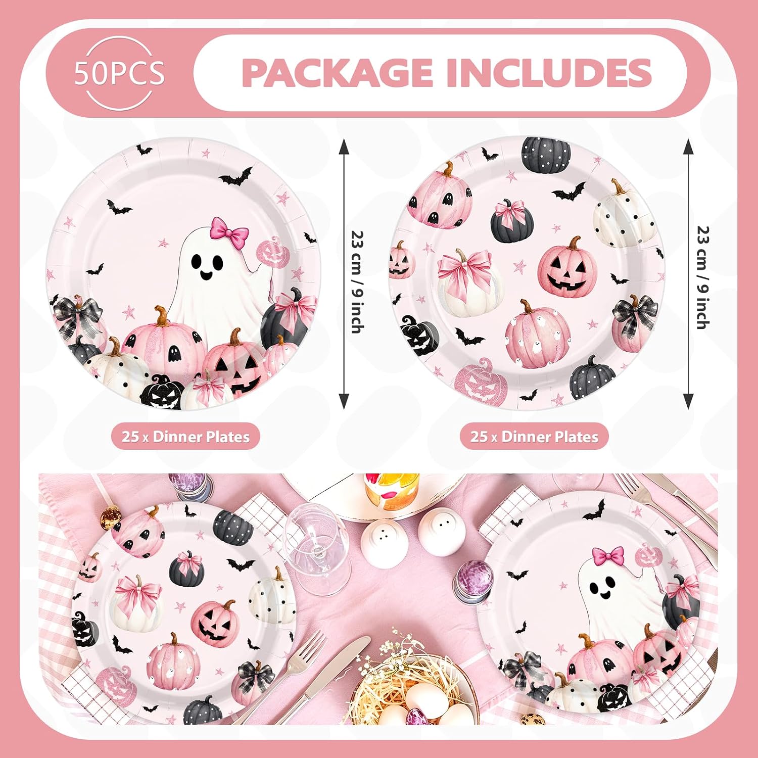 Package contents of the 50Pcs pink Halloween paper plates