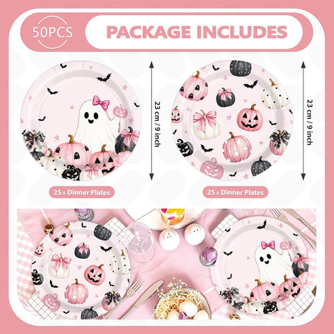 Package contents of the 50Pcs pink Halloween paper plates