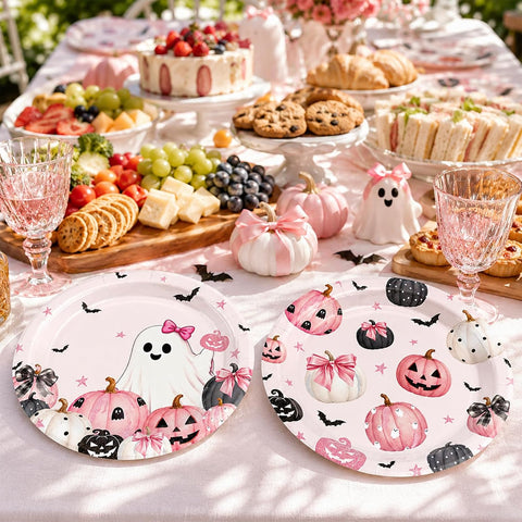 Dessert table styled with the pink Halloween plates