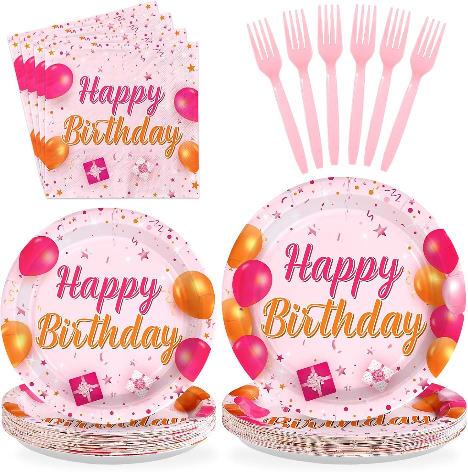 Grencian 96Pcs Pink and Orange Birthday Plates and Napkins - Grencian