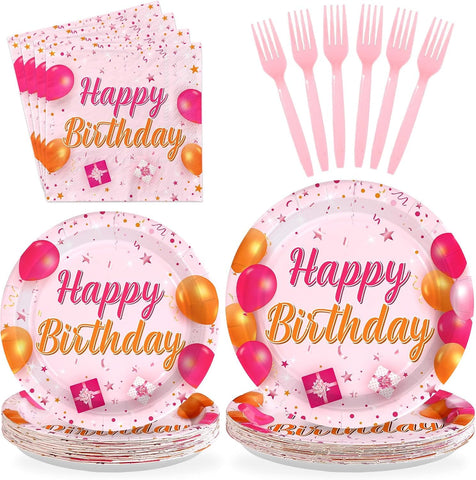 Grencian 96Pcs Pink and Orange Birthday Plates and Napkins - Grencian