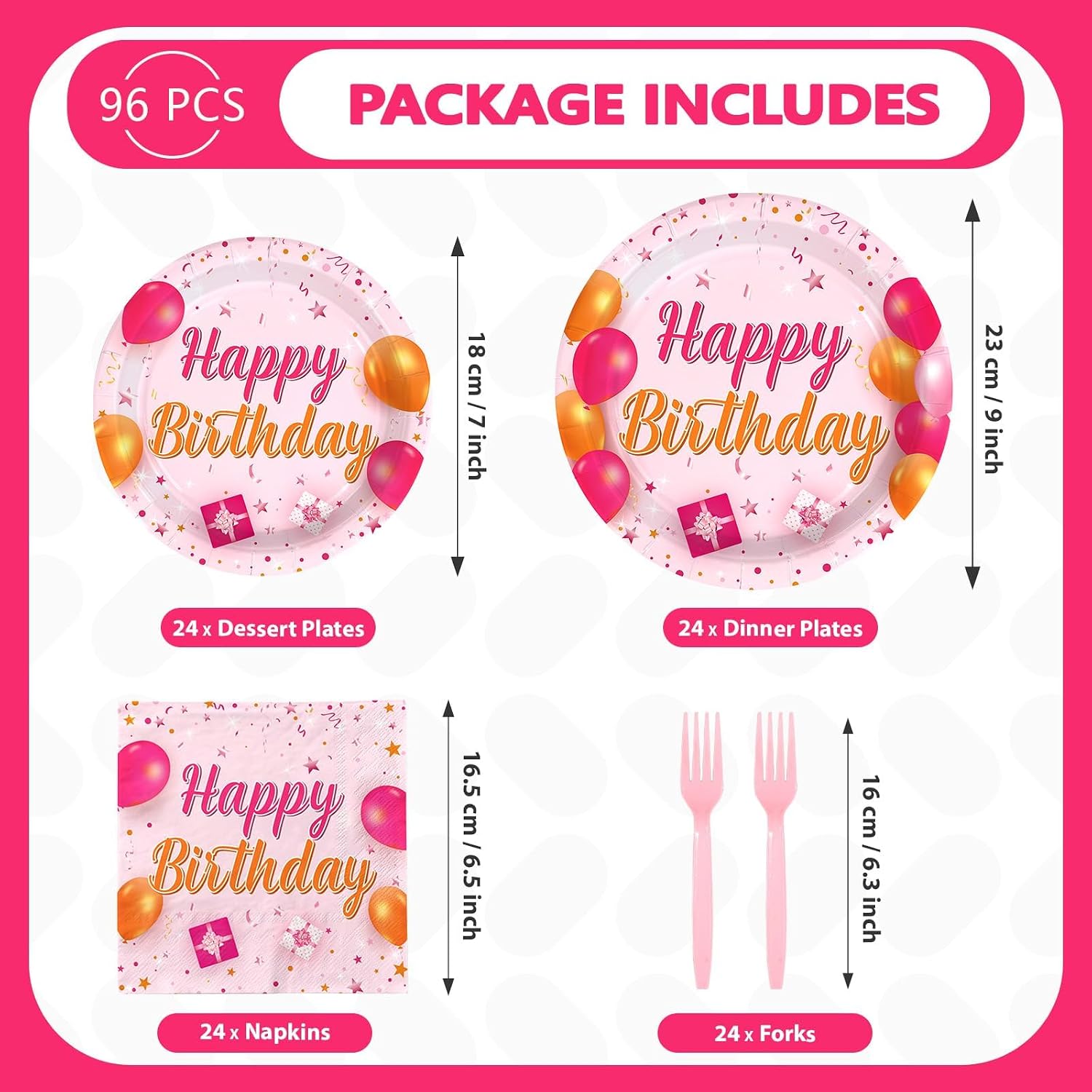 Grencian 96Pcs Pink and Orange Birthday Plates and Napkins - Grencian