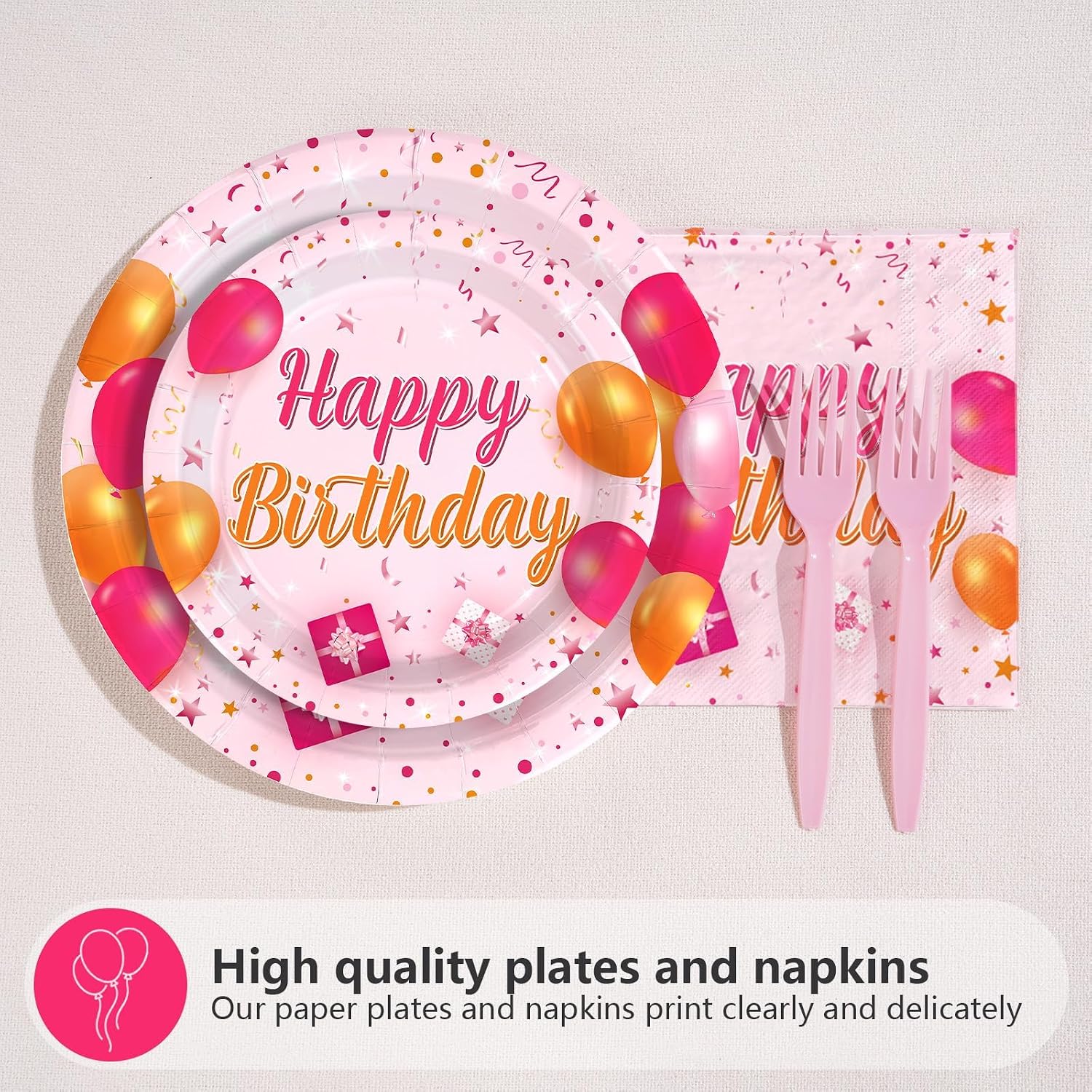 Grencian 96Pcs Pink and Orange Birthday Plates and Napkins - Grencian