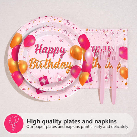 Grencian 96Pcs Pink and Orange Birthday Plates and Napkins - Grencian