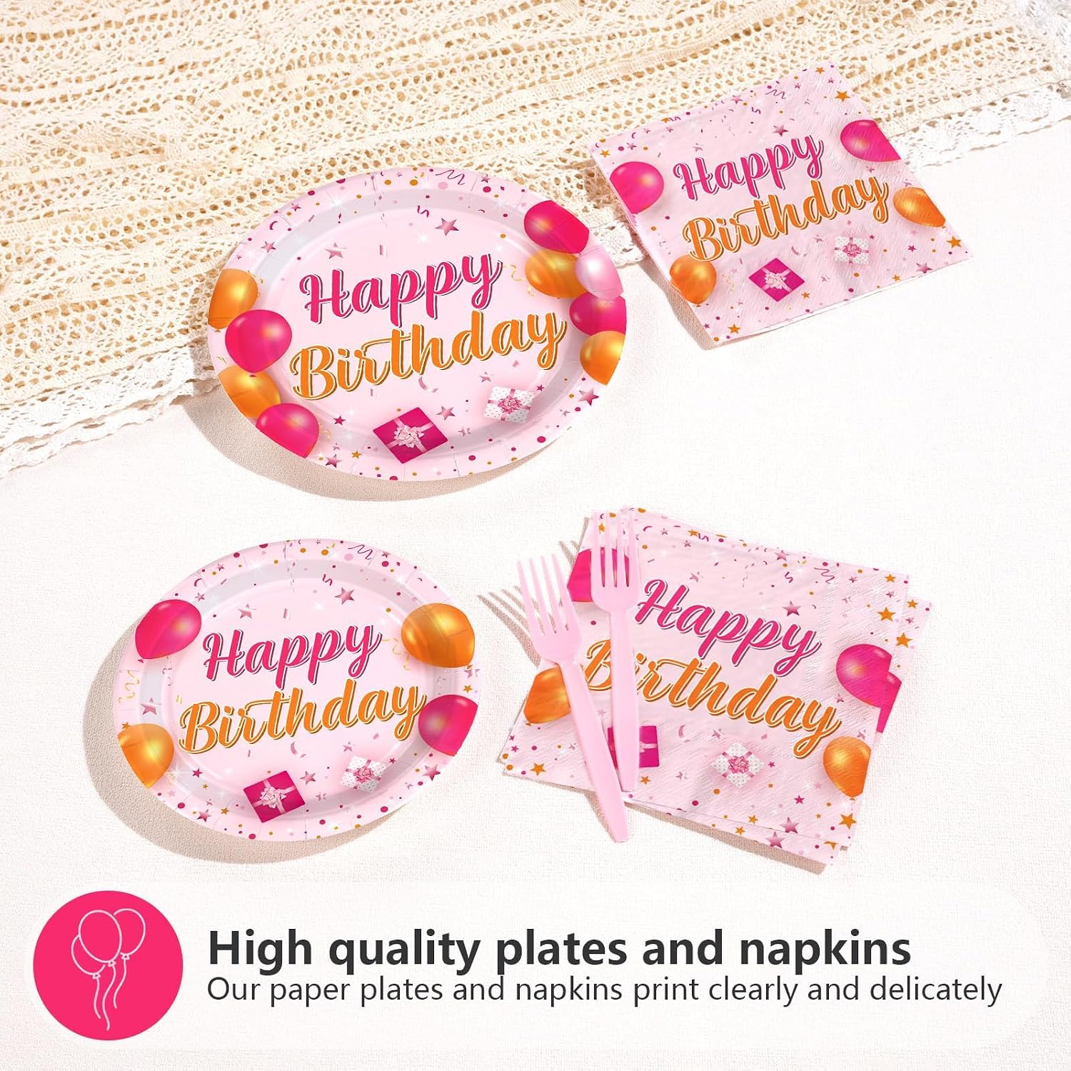 Grencian 96Pcs Pink and Orange Birthday Plates and Napkins - Grencian