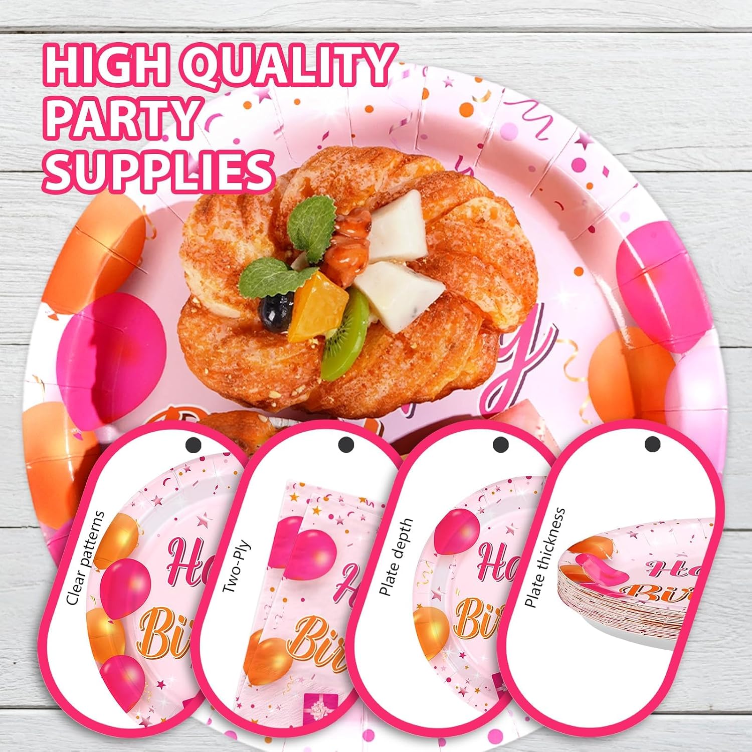 Grencian 96Pcs Pink and Orange Birthday Plates and Napkins - Grencian