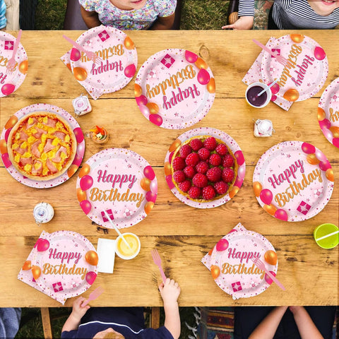 Grencian 96Pcs Pink and Orange Birthday Plates and Napkins - Grencian