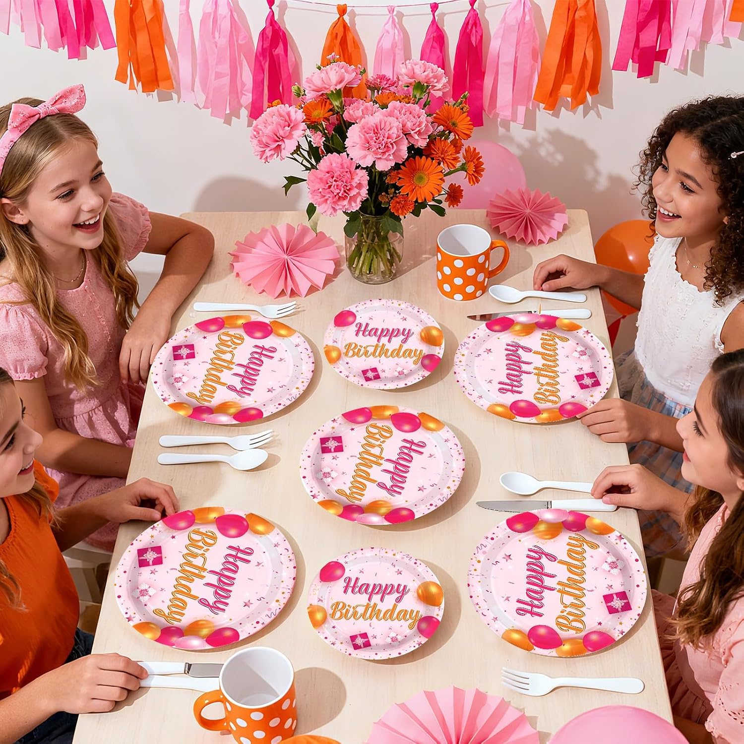 Grencian 96Pcs Pink and Orange Birthday Plates and Napkins - Grencian