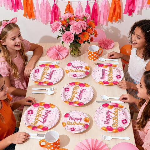 Grencian 96Pcs Pink and Orange Birthday Plates and Napkins - Grencian