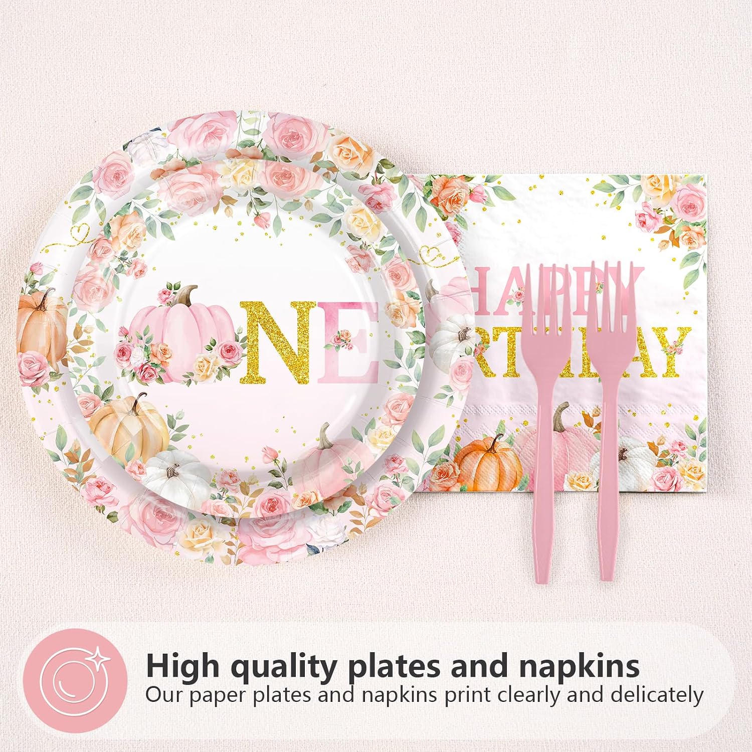 Pink watercolour pumpkin dinner plate for the first birthday set