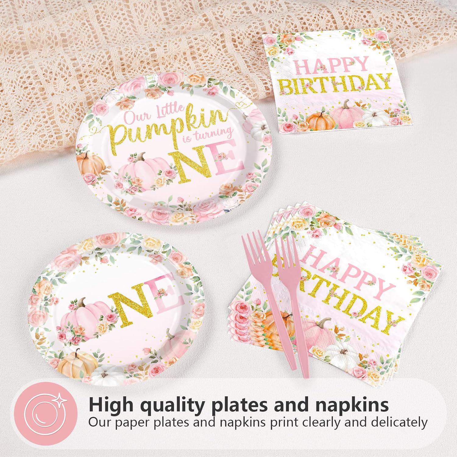 Happy Birthday dessert plate and napkin from the pumpkin set