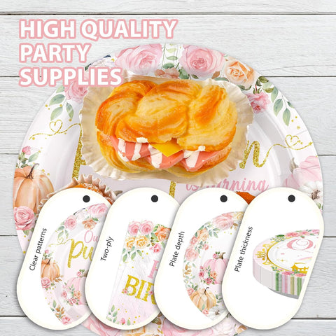 Pink pumpkin plate holding party food with napkins