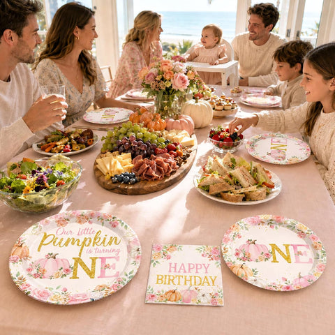 Autumn birthday party set with the pink pumpkin plates