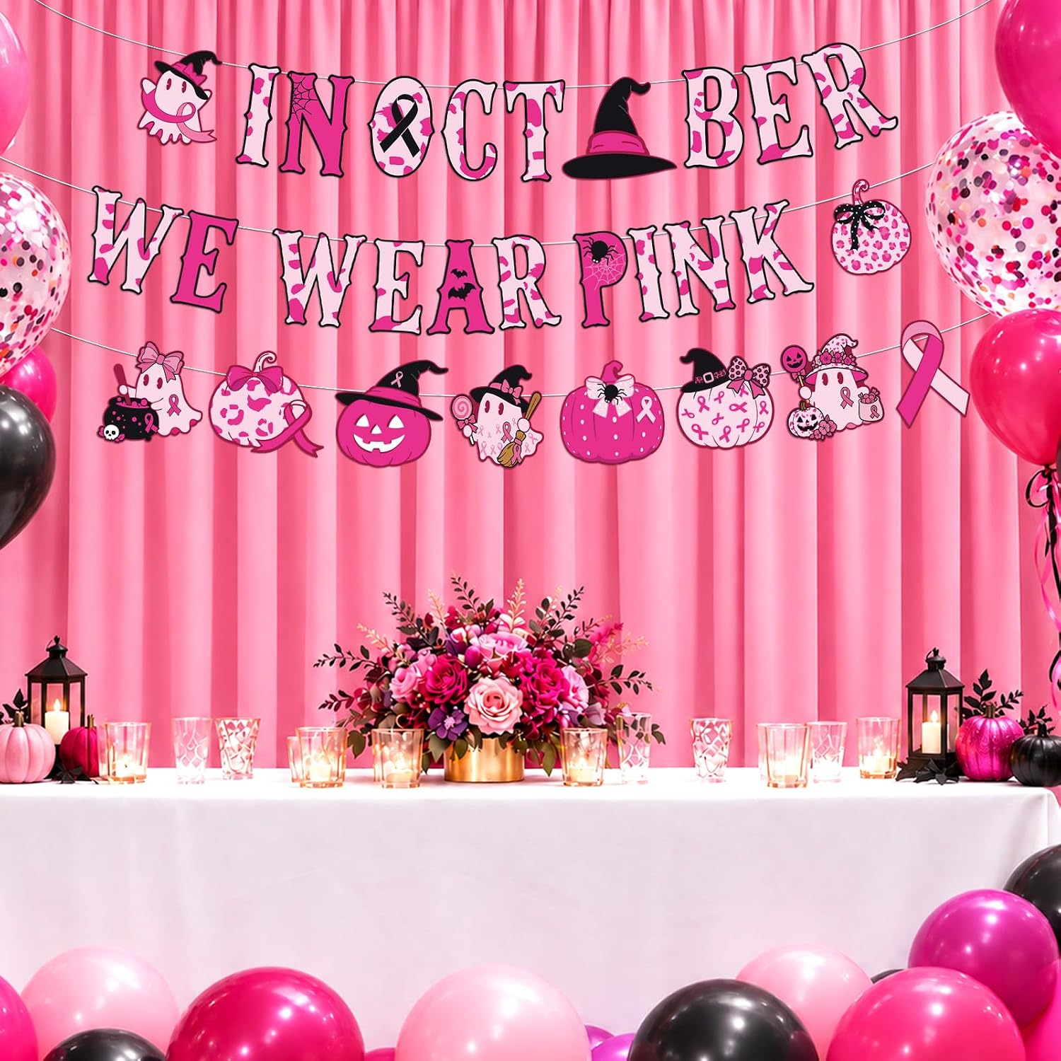 Close up of the witch hat and pink ribbon accents