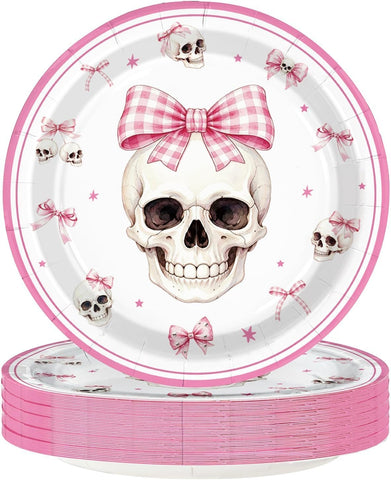 Grencian 50Pcs pink Halloween skull paper plates 9 inch