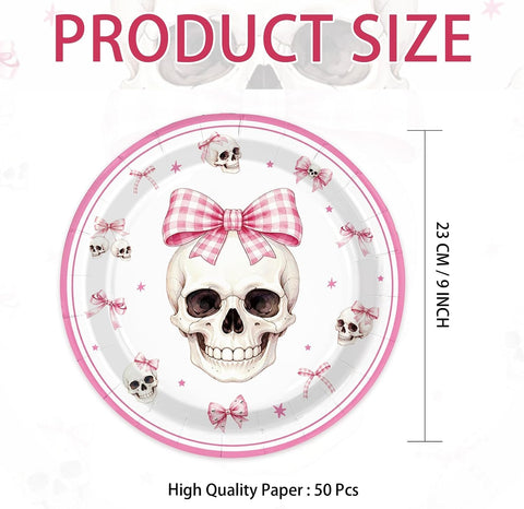 Product size of the 9 inch pink bow skull paper plates