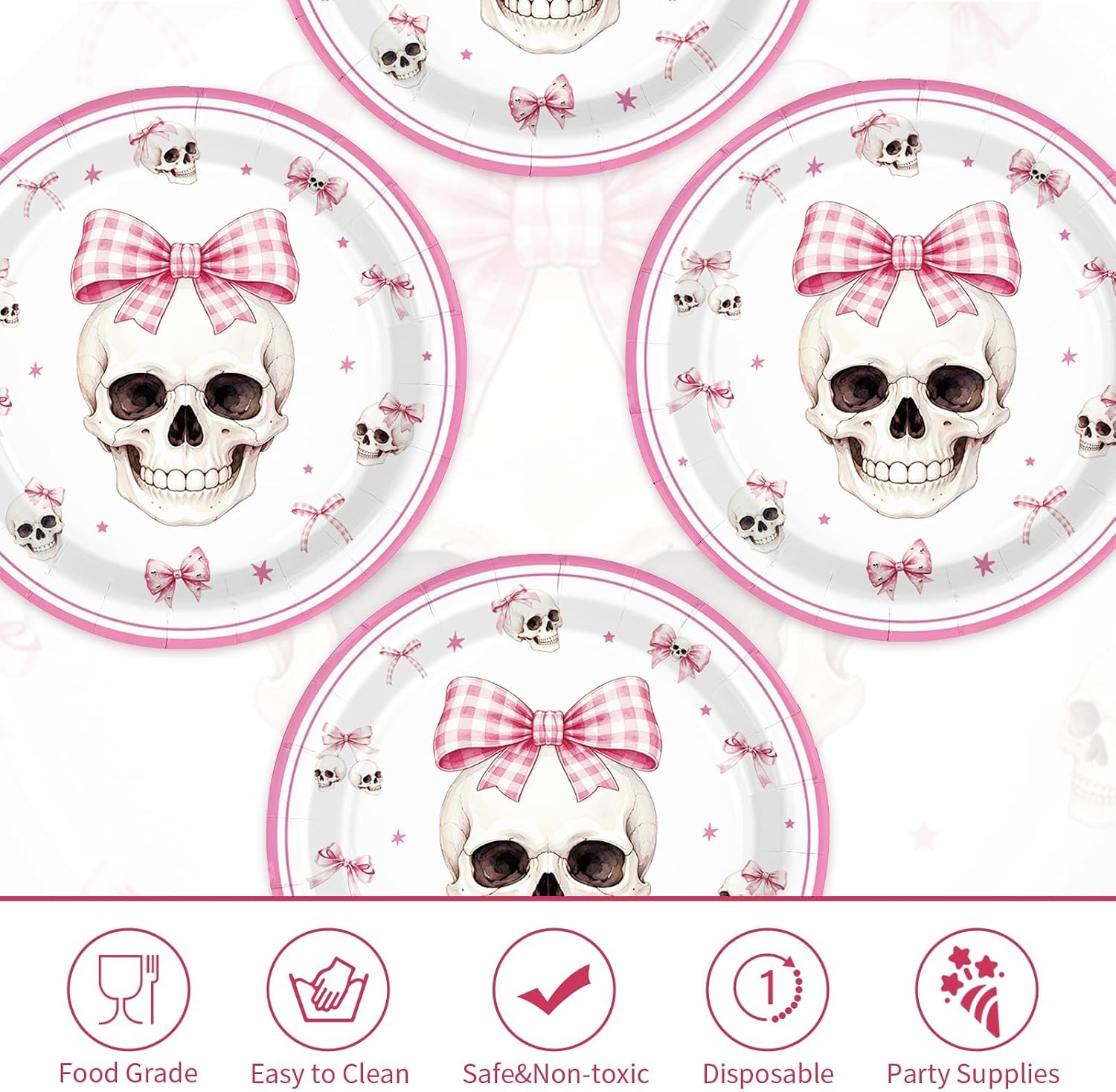 Pink bow skull design on the 9 inch Halloween plates
