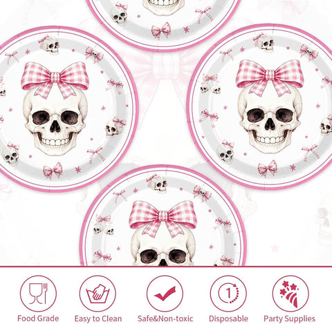Pink bow skull design on the 9 inch Halloween plates