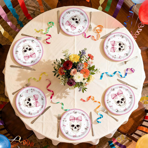 Coquette goth table styled with the pink skull plates