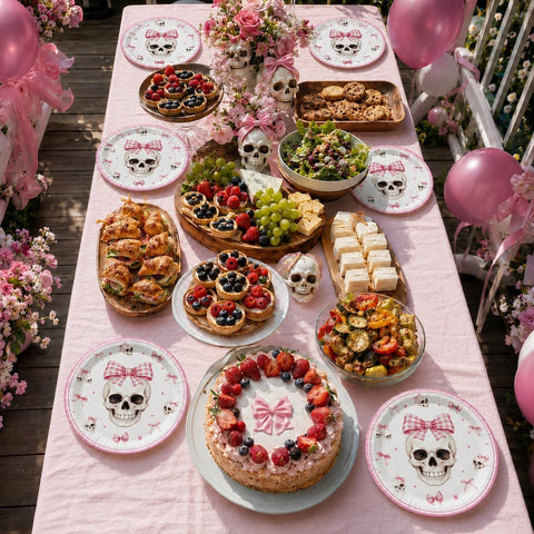 Dessert table set with the pink skeleton paper plates