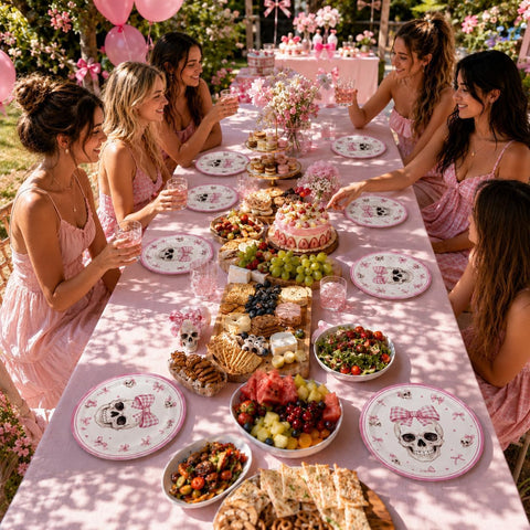 Girls Halloween party table styled with the pink skull plates