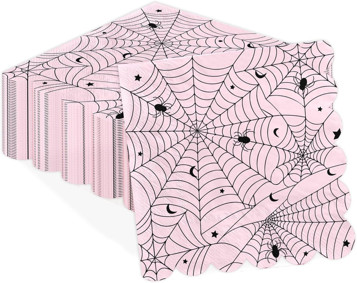 Grencian 50Pcs pink spider web Halloween paper napkins 6.5 inch 3 ply