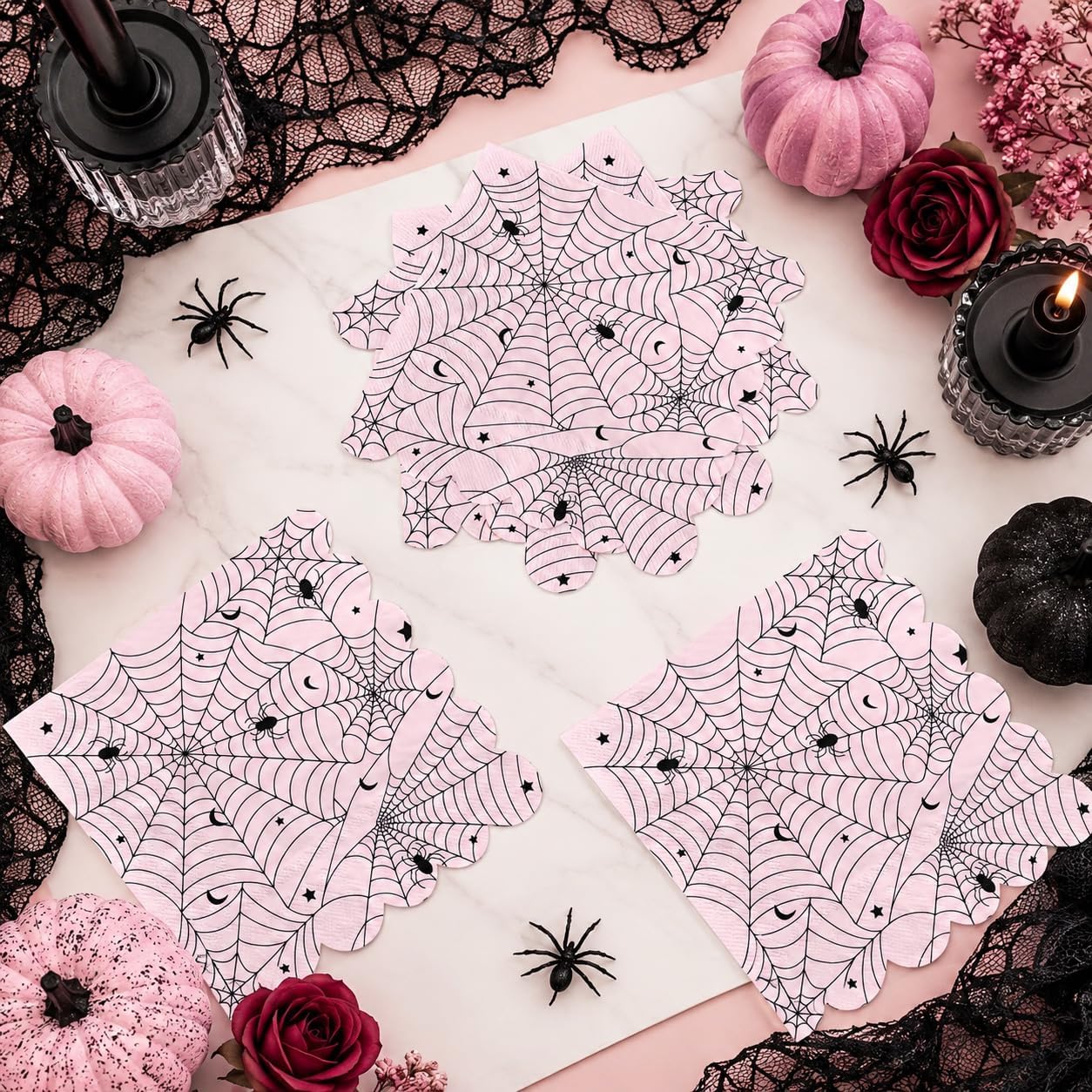 Full stack of 50 pink spider web luncheon napkins