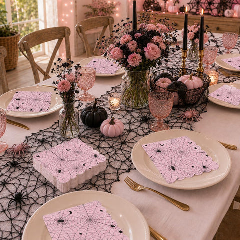 Halloween table styled with the pink spider napkins