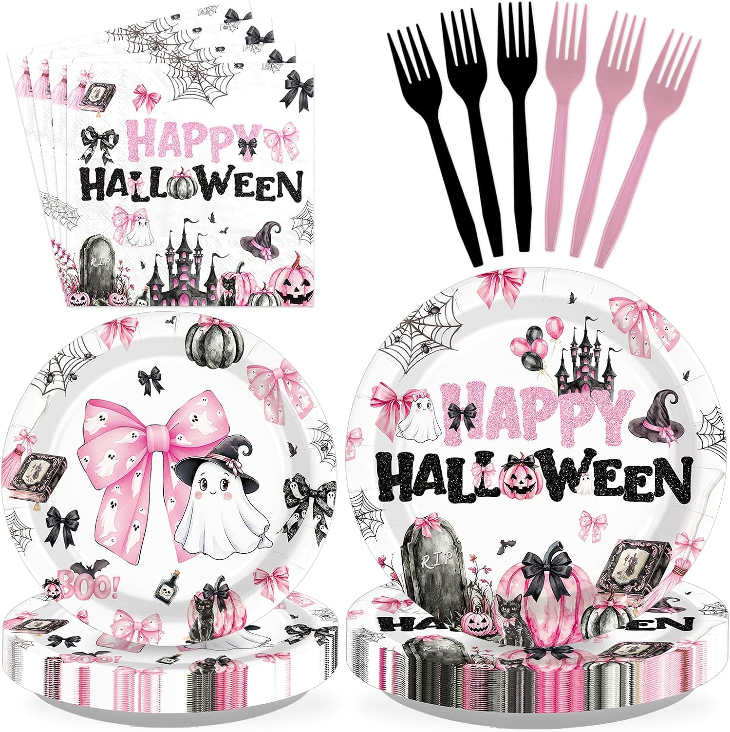 Grencian 96Pcs Pink Spooky Pumpkin Halloween Plates and Napkins - Grencian