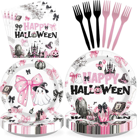 Grencian 96Pcs Pink Spooky Pumpkin Halloween Plates and Napkins - Grencian
