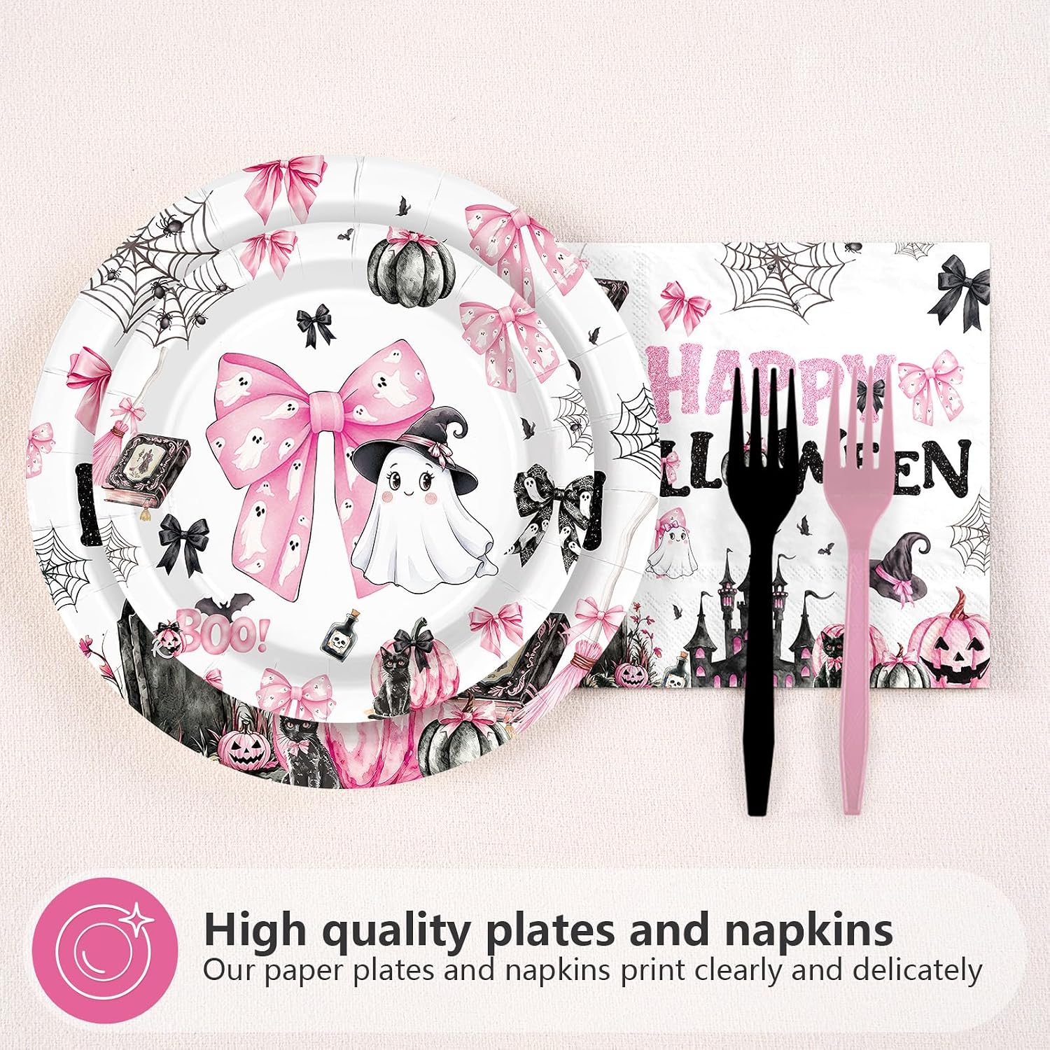 Grencian 96Pcs Pink Spooky Pumpkin Halloween Plates and Napkins - Grencian