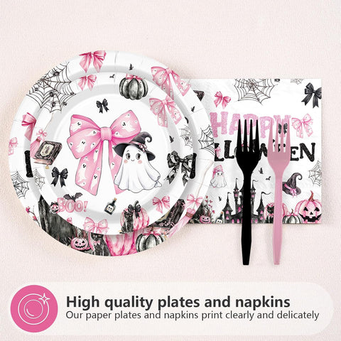 Grencian 96Pcs Pink Spooky Pumpkin Halloween Plates and Napkins - Grencian