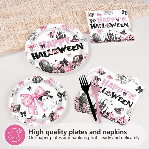Grencian 96Pcs Pink Spooky Pumpkin Halloween Plates and Napkins - Grencian