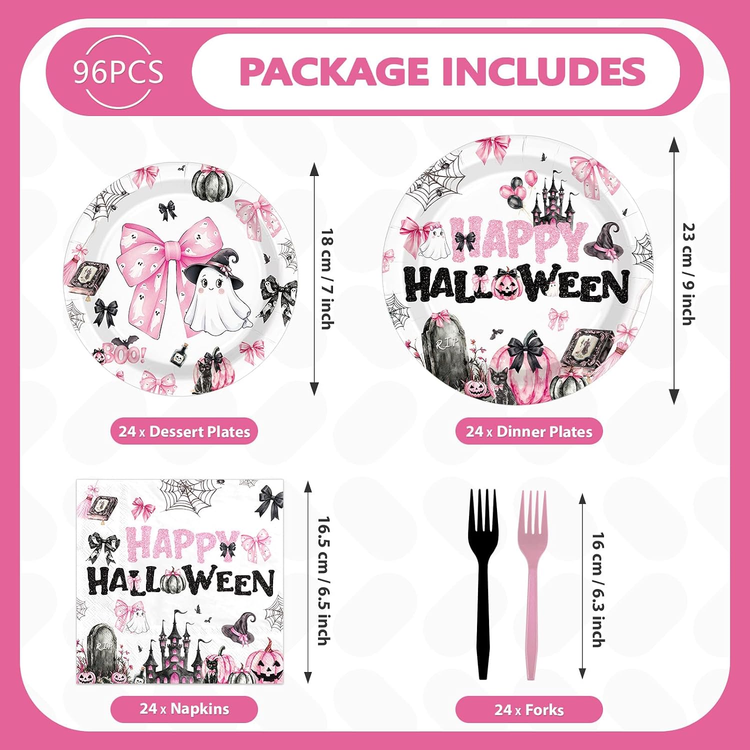 Grencian 96Pcs Pink Spooky Pumpkin Halloween Plates and Napkins - Grencian