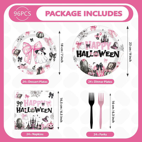 Grencian 96Pcs Pink Spooky Pumpkin Halloween Plates and Napkins - Grencian