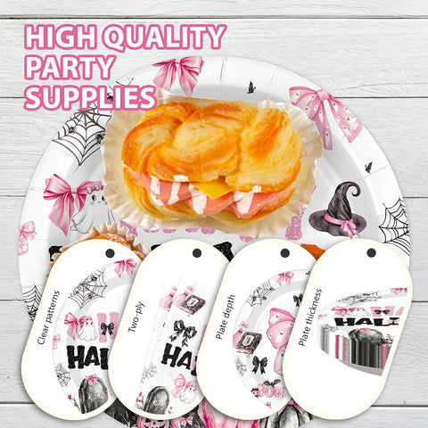 Grencian 96Pcs Pink Spooky Pumpkin Halloween Plates and Napkins - Grencian