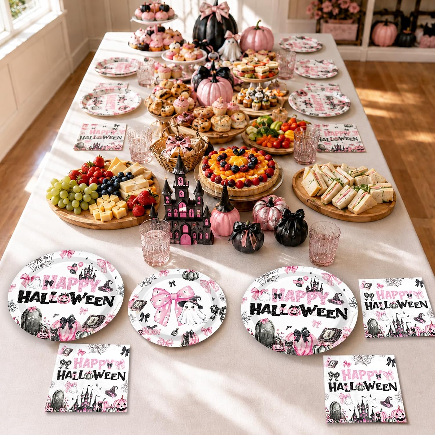 Grencian 96Pcs Pink Spooky Pumpkin Halloween Plates and Napkins - Grencian