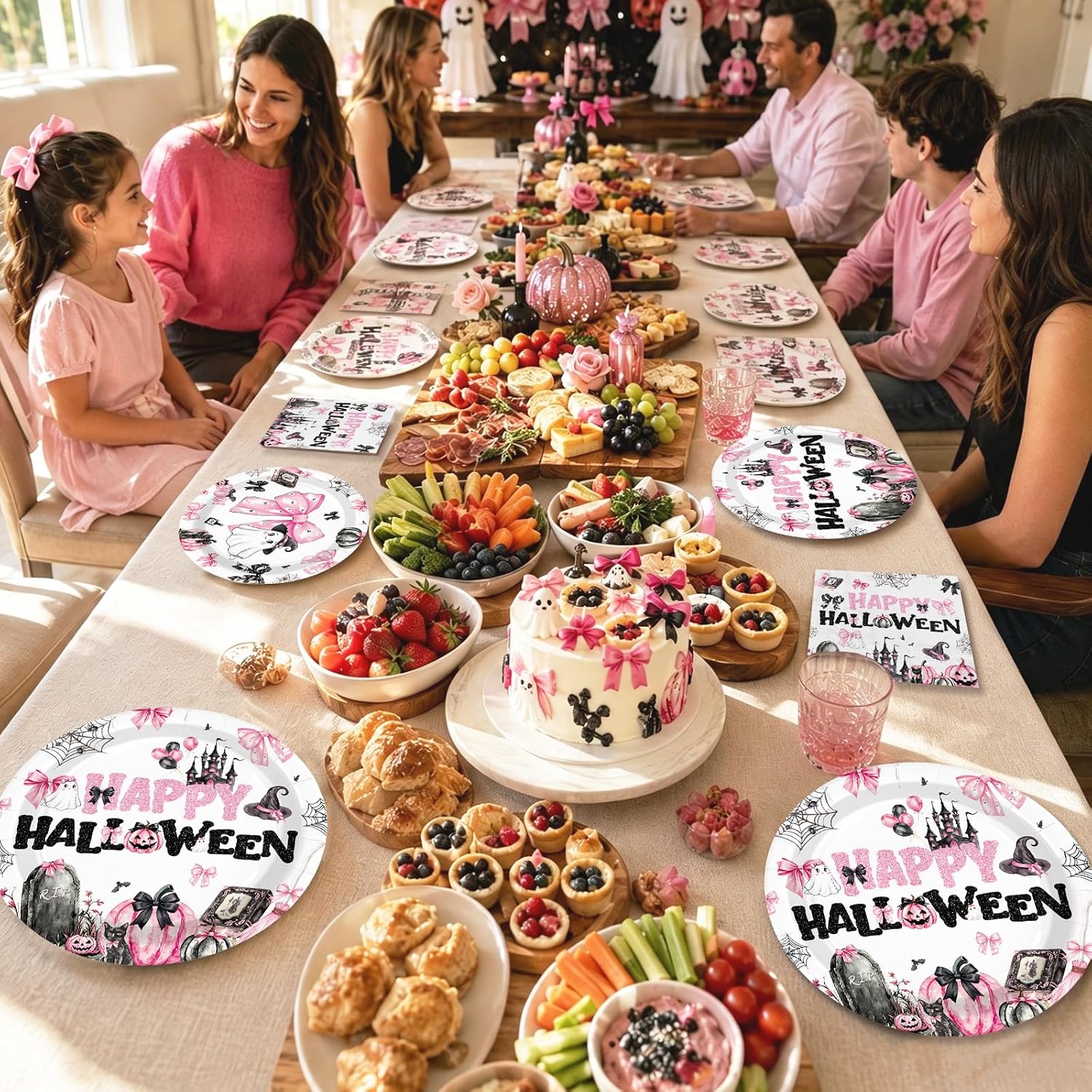 Grencian 96Pcs Pink Spooky Pumpkin Halloween Plates and Napkins - Grencian