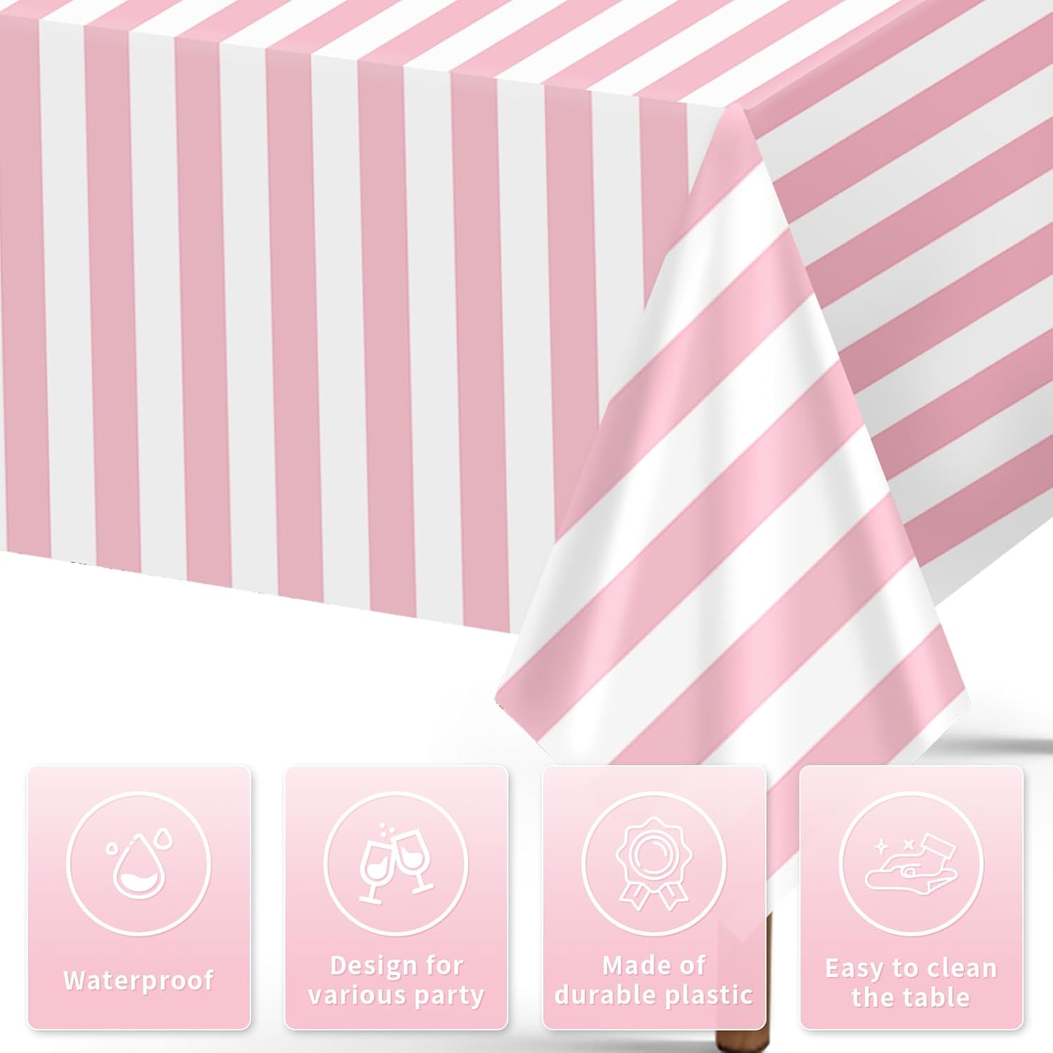 Close-up of pink and white striped plastic tablecloth