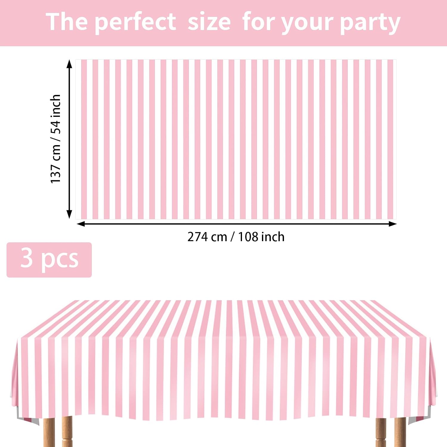 Flat lay of three pink striped tablecloths