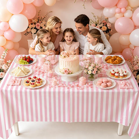 Package contents infographic showing 3 Grencian pink striped tablecloths