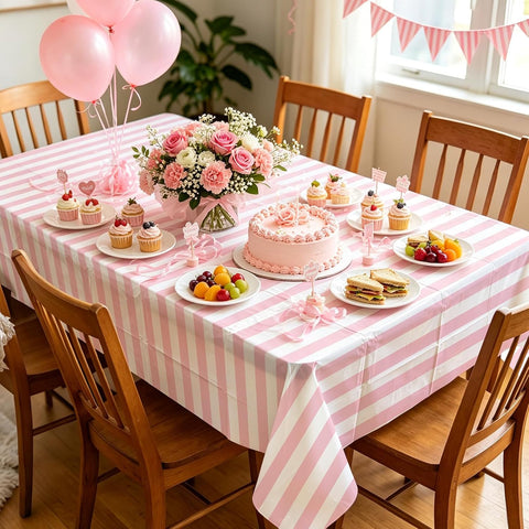 Girls women wedding birthday party scene with pink striped tablecloth